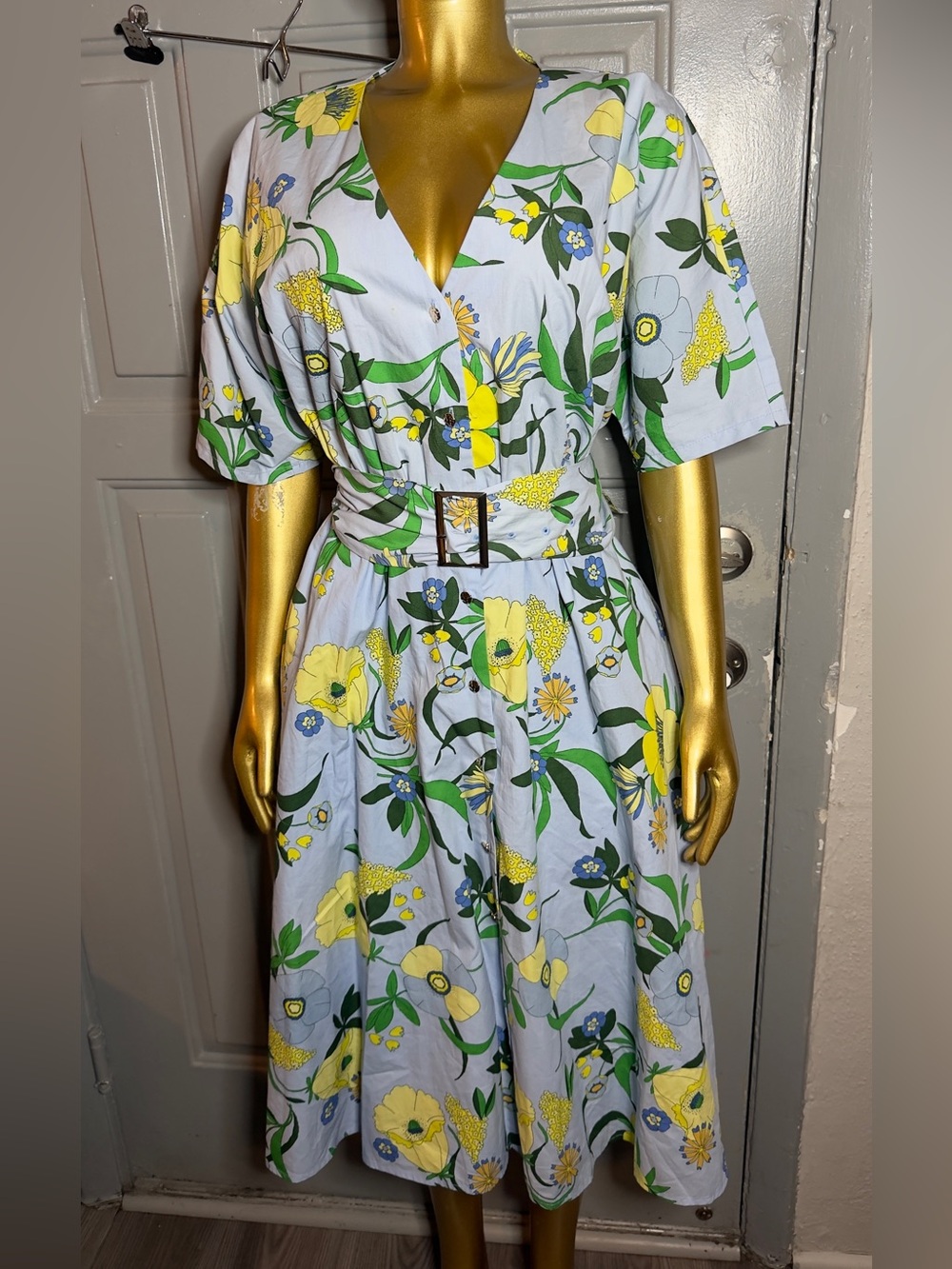 INC International Concepts Light Blue Floral Belted Midi Dress